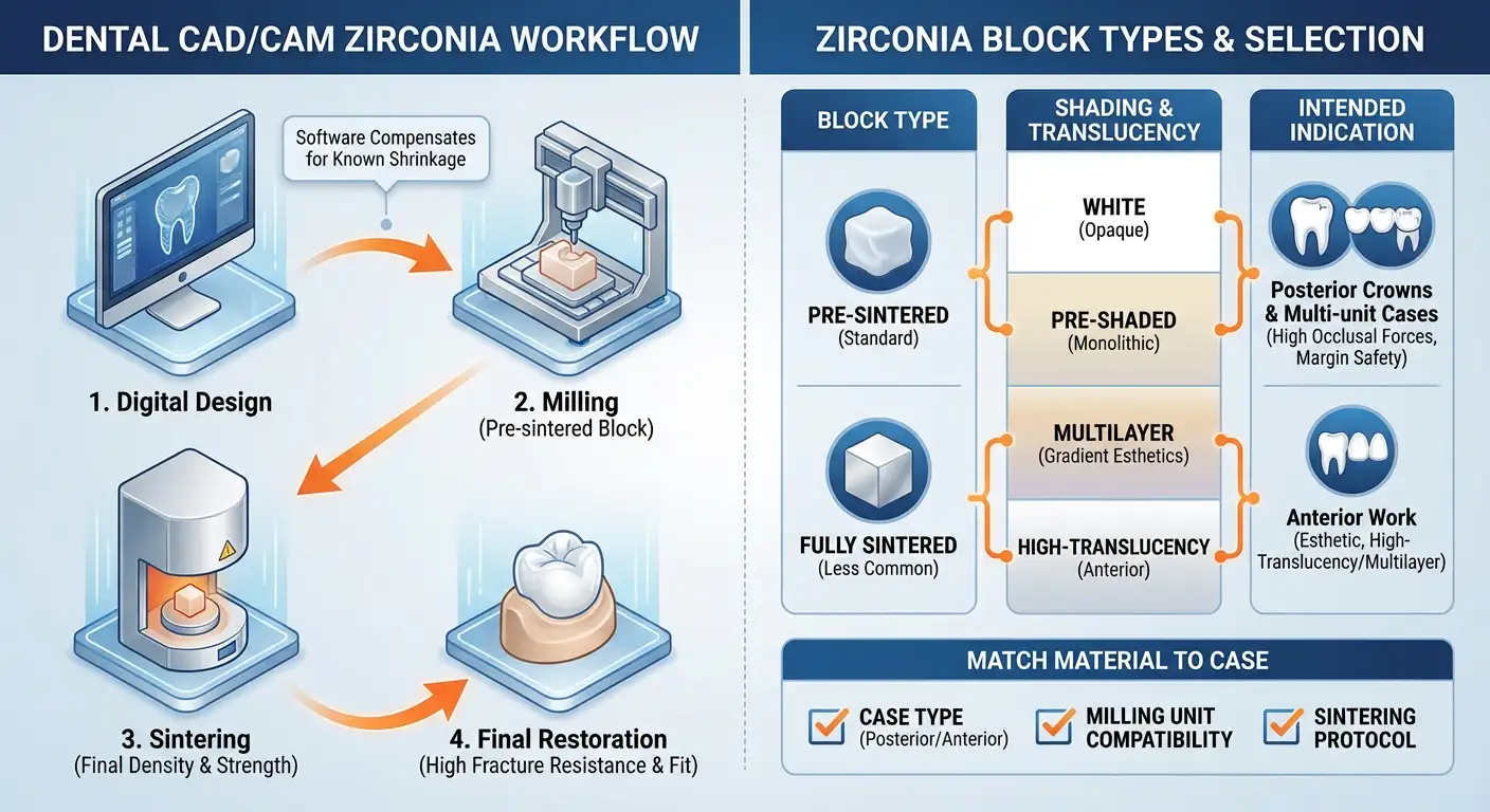 Dental CAD CAM zirconia workflow and zirconia disc selection