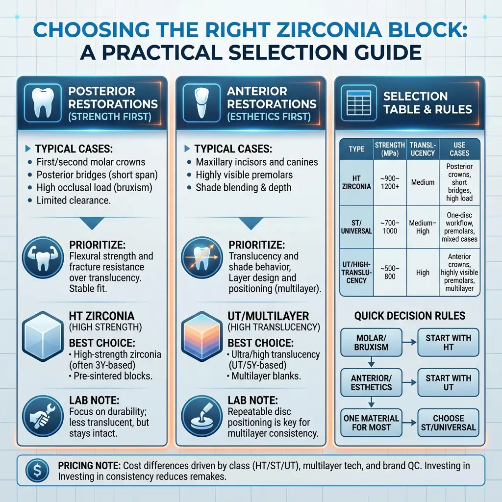 Choosing a dental zirconia disc by restoration and workflow