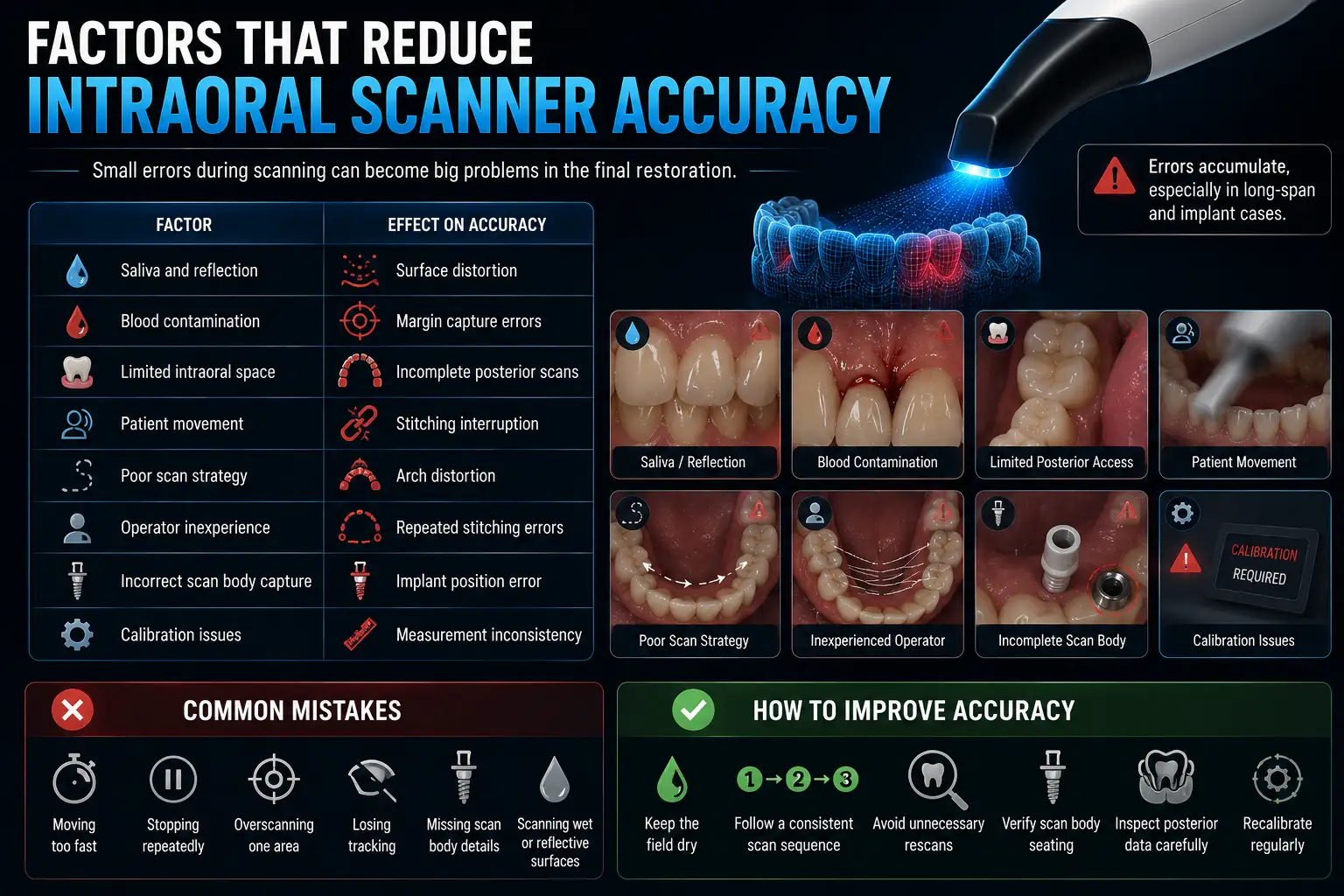 Clinical Accuracy vs Manufacturer Claims Many scanner brochures advertise very low micron values, but those numbers often come from controlled lab conditions. Real clinical scanning includes saliva, blood, patient movement, limited access, soft tissue interference, and reflective materials. Laboratory Environment Real Clinical Environment Dry surfaces Saliva and moisture Stable models Patient movement Ideal access Restricted posterior access No soft tissue movement Tongue and cheek interference Controlled scan path Operator variability Another issue is that manufacturers may report trueness, precision, or average deviation from different test designs. A value measured on a single crown model cannot be compared directly with full-arch implant performance. For clinicians, the key question is not which scanner shows the lowest lab number, but whether it maintains clinically acceptable accuracy in real restorative workflows. Intraoral Scanner Accuracy Comparison: What Current Studies Show Current research shows that most modern intraoral scanners perform well for single crowns, quadrant scans, and many short-span restorations. Differences become more visible in full-arch and implant-supported cases. Clinical Scenario General Trend Single crown Most scanners perform very well Quadrant scan High consistency Short-span bridge Small variation Full-arch dentate scan More arch distortion Full-arch implant scan Greater deviation differences Scanner rankings are not fixed. Results change based on scan strategy, operator skill, implant distribution, reference model, and measurement software. Software updates can also change scanner performance over time. Overall, scanner selection should depend on the intended clinical use, not only brochure values. A scanner suitable for routine crown and bridge cases may not perform the same way in complete-arch implant rehabilitation.